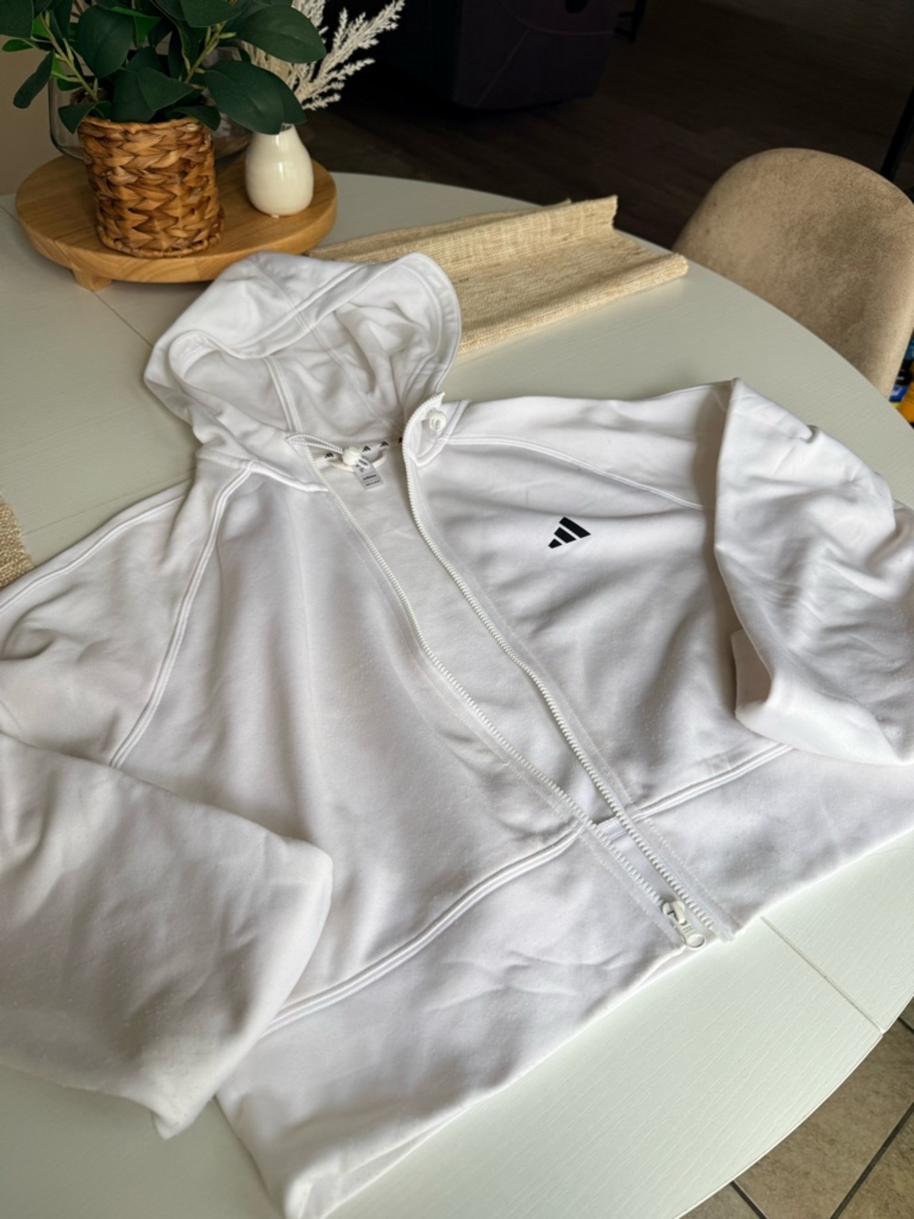 adidas White Hooded Full-Zip Sweatshirt with Small Black Logo